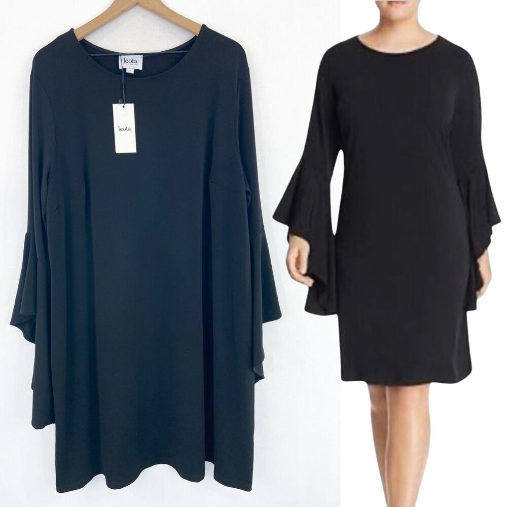 NEW Leota Black Stella Flared Bell Sleeve Dress Black 22/24 Classic Elegant